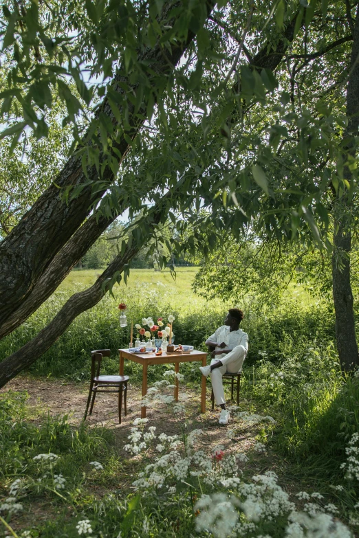 a person sitting at a table in the woods, adut akech, pastoral backyard setting, four seasons, lush surroundings