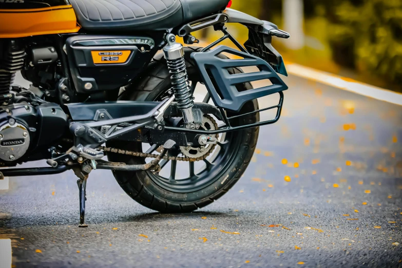 a motorcycle parked on the side of the road, pexels contest winner, avatar image, extra detail, greaves, a pair of ribbed