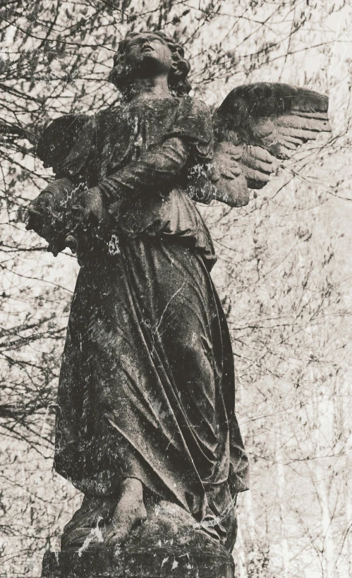 a black and white photo of a statue of an angel, inspired by Adolf Hirémy-Hirschl, renaissance, hand - tinted, album cover, very grainy image, vasnetsov