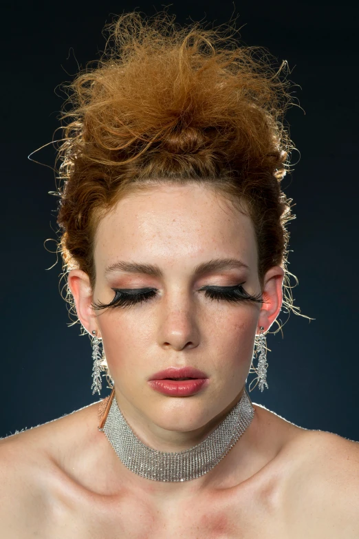a woman holding a cell phone to her ear, an album cover, inspired by Elizabeth Polunin, dark glitter makeup, ginger hair and fur, non binary model, exhausted face close up
