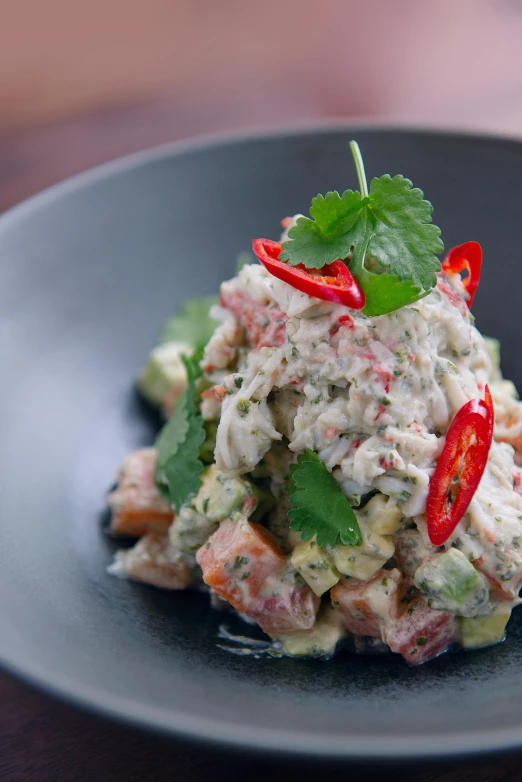 a close up of a plate of food on a table, reefs, square, medium angle, grey