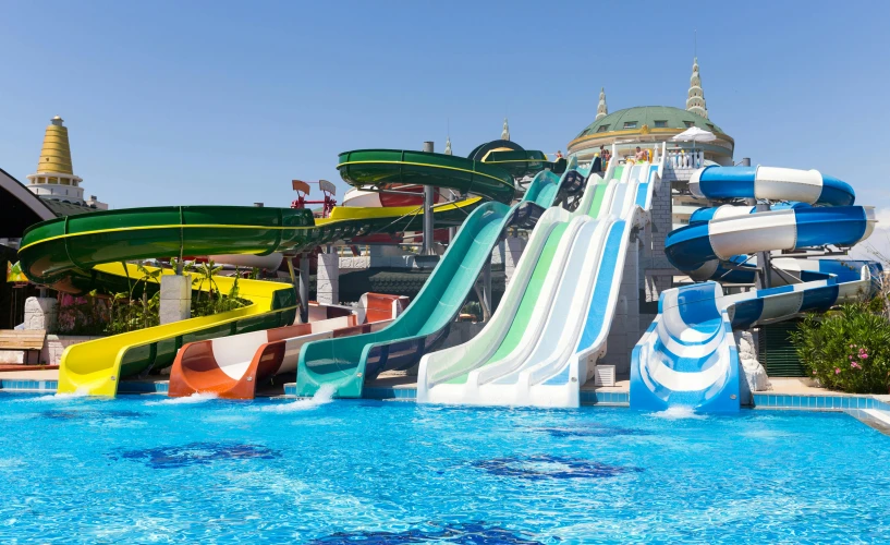 an inflatable water park with several slides for s