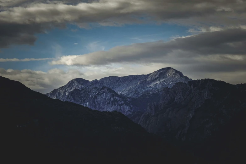 the sky is cloudy over the mountains with some dark clouds