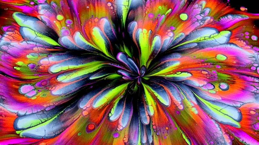 a colorful flower with water droplets on it, an airbrush painting, psychedelic art, splashes of neon, drooling ferrofluid, burst of powders, happy trippy mood