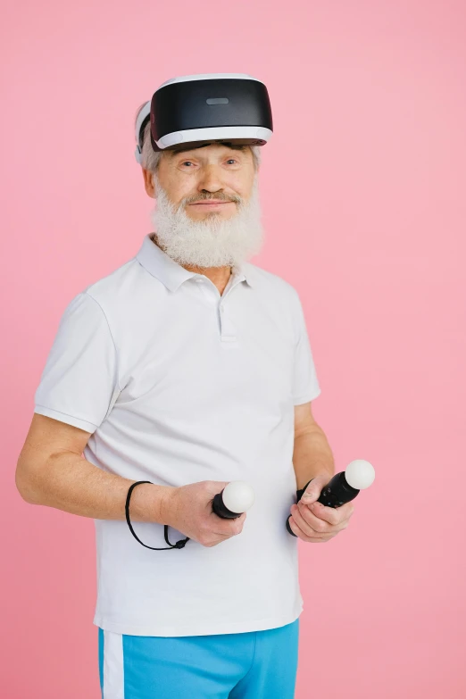 a man with a white beard wearing a virtual reality headset, inspired by Karl Pümpin, wearing fitness gear, holding controller, white hair and white beard, grandfatherly