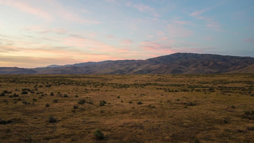 a large open field with mountains in the background, by Jessie Algie, unsplash contest winner, land art, pink golden hour, idaho, drone footage, african steppe