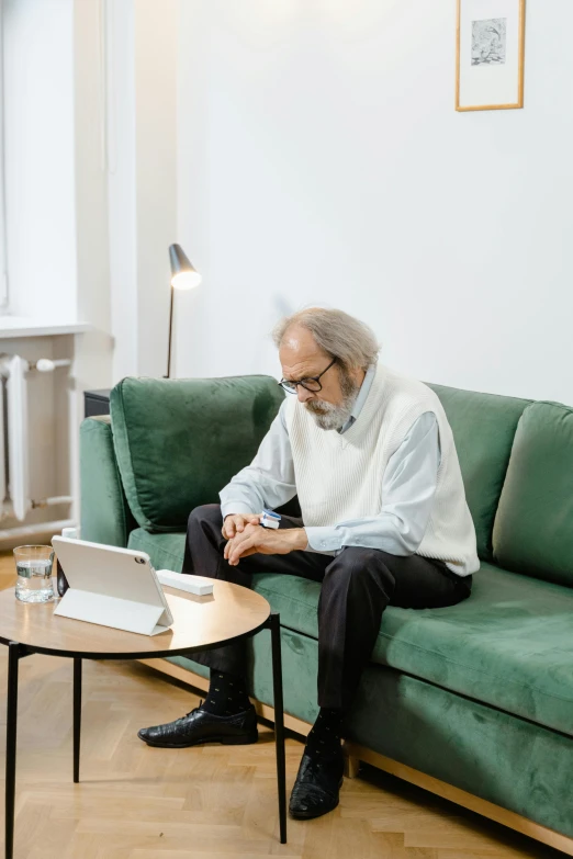 a man sitting on a green couch using a laptop, inspired by Constantin Hansen, old gigachad with grey beard, someone lost job, man standing, on a white table