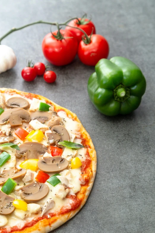 a pizza sitting on top of a table covered in toppings, a picture, grey vegetables, high quality product image”, caparisons, kano)