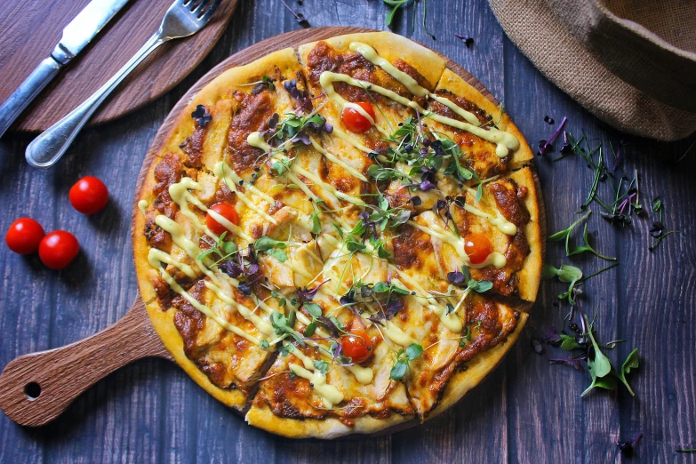 a pizza sitting on top of a wooden cutting board, hurufiyya, yellow and purple tones, sauce, flatlay, aussie