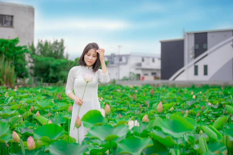 a woman standing in a field of flowers, inspired by Cui Bai, pexels contest winner, standing gracefully upon a lotus, sea - green and white clothes, today\'s featured photograph 4k, avatar image