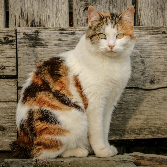 a cat sitting on top of a wooden bench, white and orange breastplate, she is posing, mottled coloring, paul barson