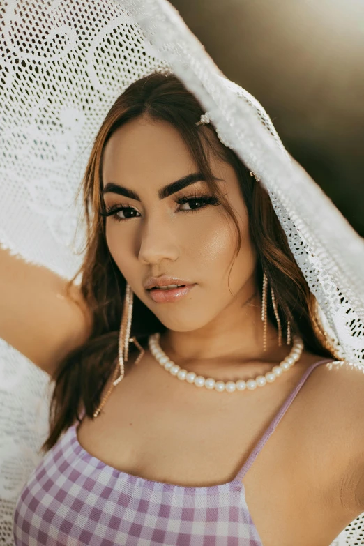 a woman with a veil over her head, an album cover, by Robbie Trevino, trending on pexels, beautiful tan mexican woman, girl with a pearl earringl, half asian, madison beer girl portrait
