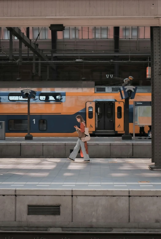 a couple of people walking across a train station, by Jan Gregoor, pexels contest winner, hyperrealism, grey orange, delft, 🚿🗝📝, lgbtq