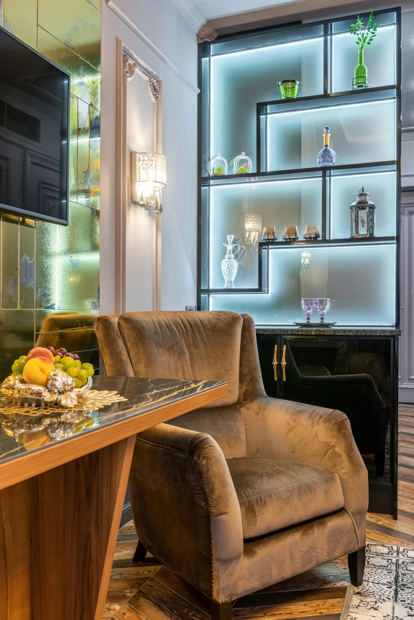 a living room filled with furniture and a fire place, inspired by Albert Paris Gütersloh, art nouveau, iconostasis in the bar, neo kyiv, platinum, snacks