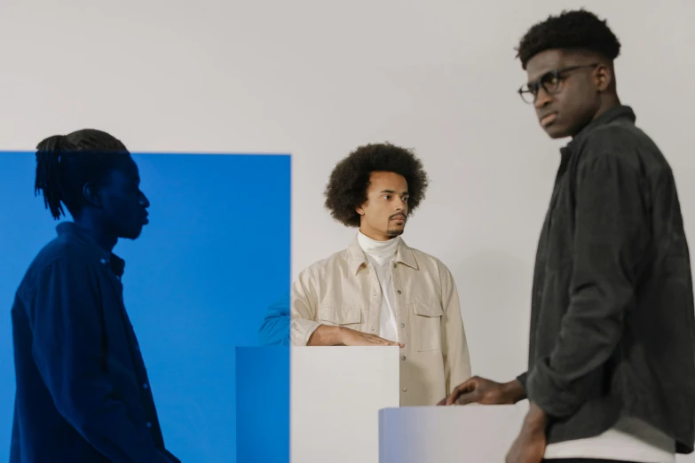 a couple of men standing next to each other, visual art, black man with afro hair, blue archive, high quality photo, thumbnail