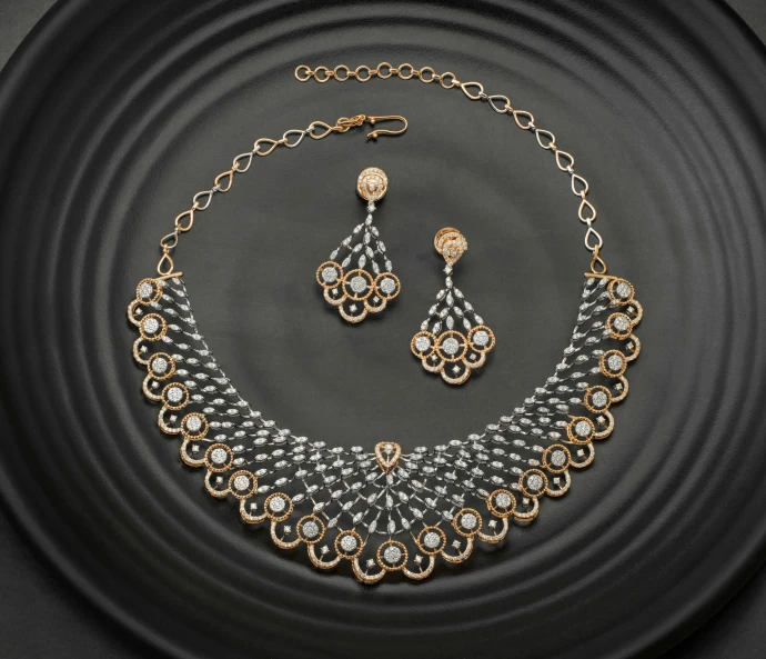 a necklace and earrings sitting on top of a black plate, inspired by Perle Fine, trending on cg society, 35mm 8k product photo, indian style, ornate with diamonds, complete scene