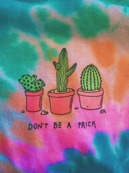 a tie dye shirt that says don't be a prick, by Pia Fries, ((synthwave)), small plants, ilustration, low quality photo