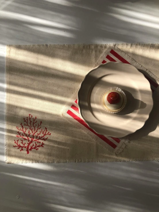 small bowl of food on white cloth sitting on floor