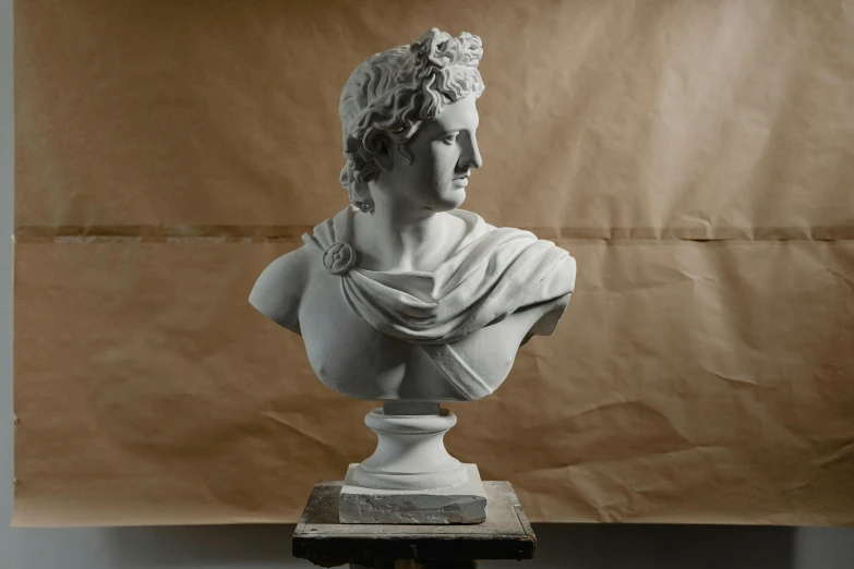 a black and white photo of a bust of a man, inspired by Antonio Canova, unsplash contest winner, on a white table, dionysus, photo courtesy museum of art, around 1 9 years old