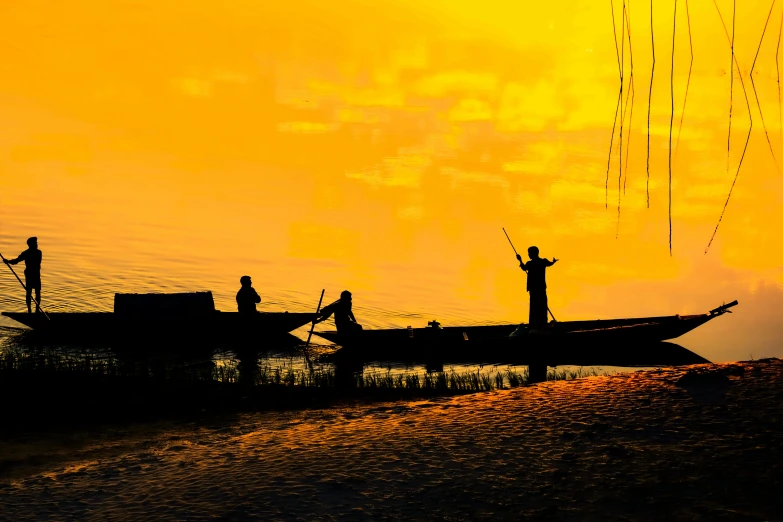 a group of people standing on top of a boat, by Jan Tengnagel, pexels contest winner, hurufiyya, golden sunset, fishing, thumbnail, assamese