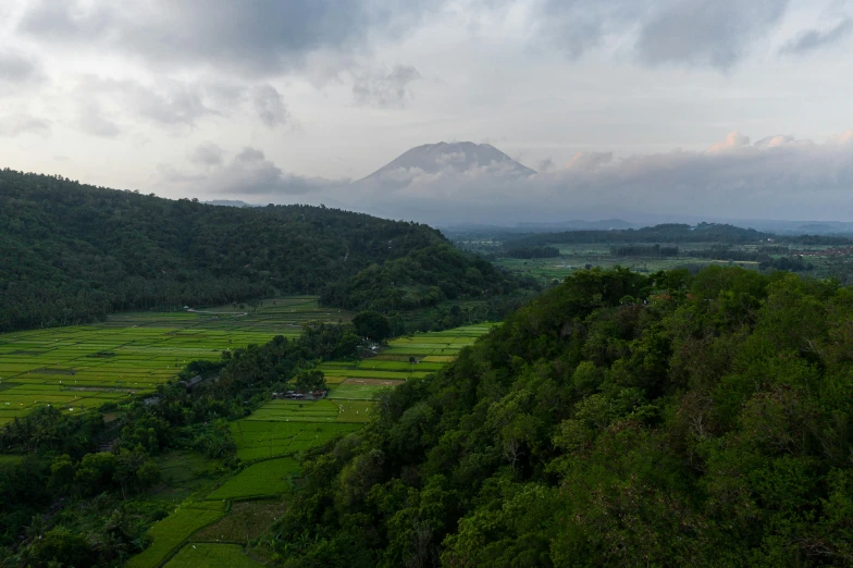 a view of a valley with a mountain in the distance, by Daren Bader, sumatraism, fan favorite, grey, slide show, bali