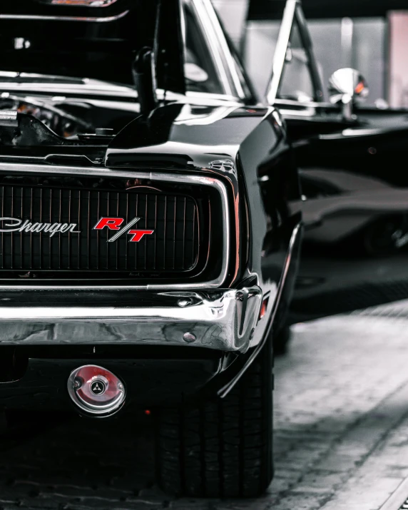 a close up of a car with its hood open, by Carey Morris, pexels contest winner, muscle cars, profile image, highly detailed hyper real retro, black car