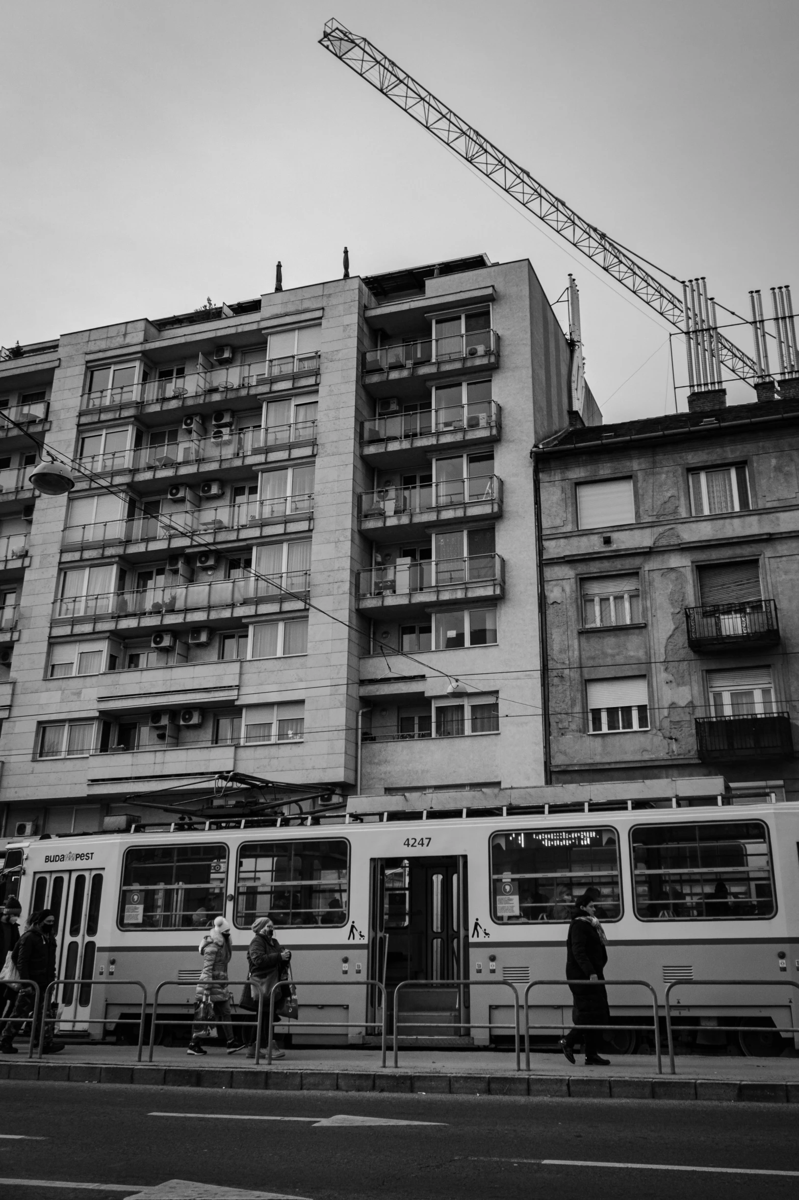 a black and white po of the back side of a tall building