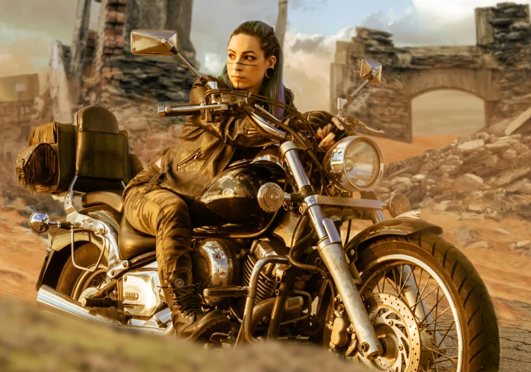 a woman riding on the back of a motorcycle, pexels contest winner, auto-destructive art, olivia culpo as milady de winter, in a post apocalyptic setting, mila kunis, slide show