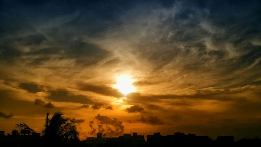 the sun is setting in the sky over a city, a picture, dramatic lighting - n 9, fan favorite, sunset + hdri, skies