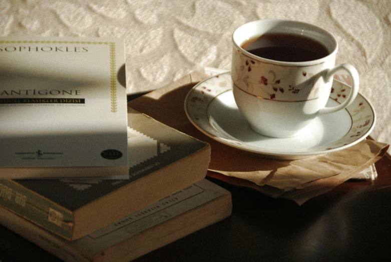 a cup of coffee sitting on top of a stack of books, inspired by Jeanne du Maurier, pexels contest winner, tonalism, on a velvet table cloth, drinking tea, charles baudelaire, with a white