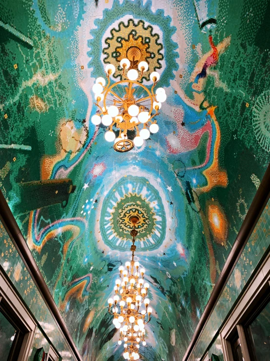 a long hallway with a painting on the ceiling, inspired by Adolf Wölfli, trending on unsplash, maximalism, covered in crystals and glitter, 2 5 6 x 2 5 6 pixels, royal green and nature light, moscow metro