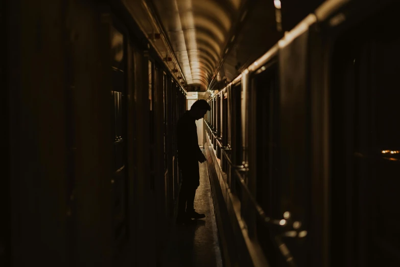 a man standing in the middle of a long hallway, by Elsa Bleda, pexels contest winner, australian tonalism, sat down in train aile, profile image, cardboard, polar express