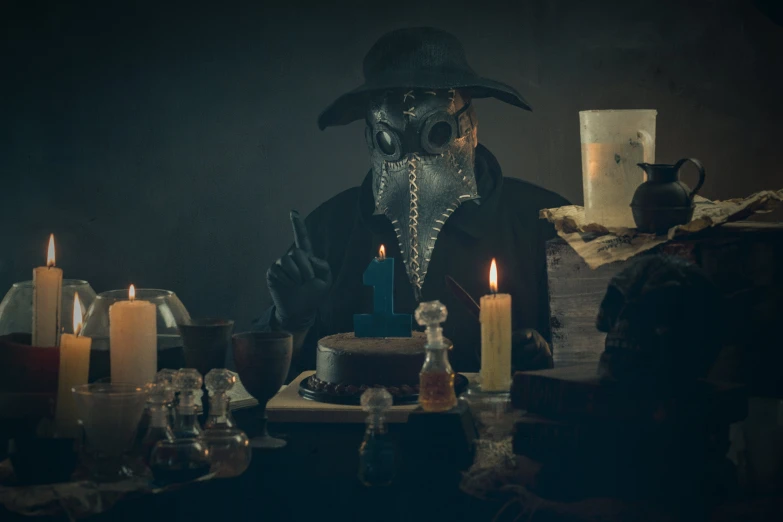 a man in a gas mask sitting at a table with candles, pexels contest winner, vanitas, cowboy plague doctors, female occultist, family dinner, promo image