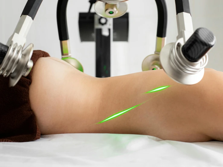 a close up of a person laying on a bed, laser, serving body, green arms, woman is curved