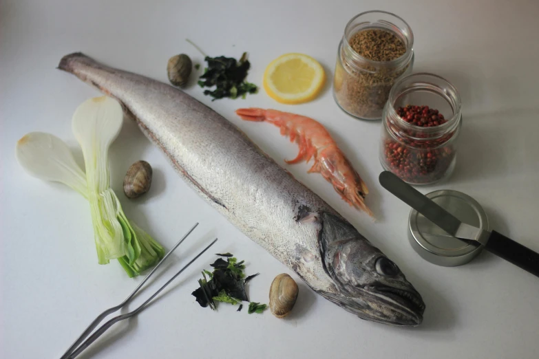 a fish sitting on top of a table next to a knife, ingredients on the table, pointè pose, large tall, grey