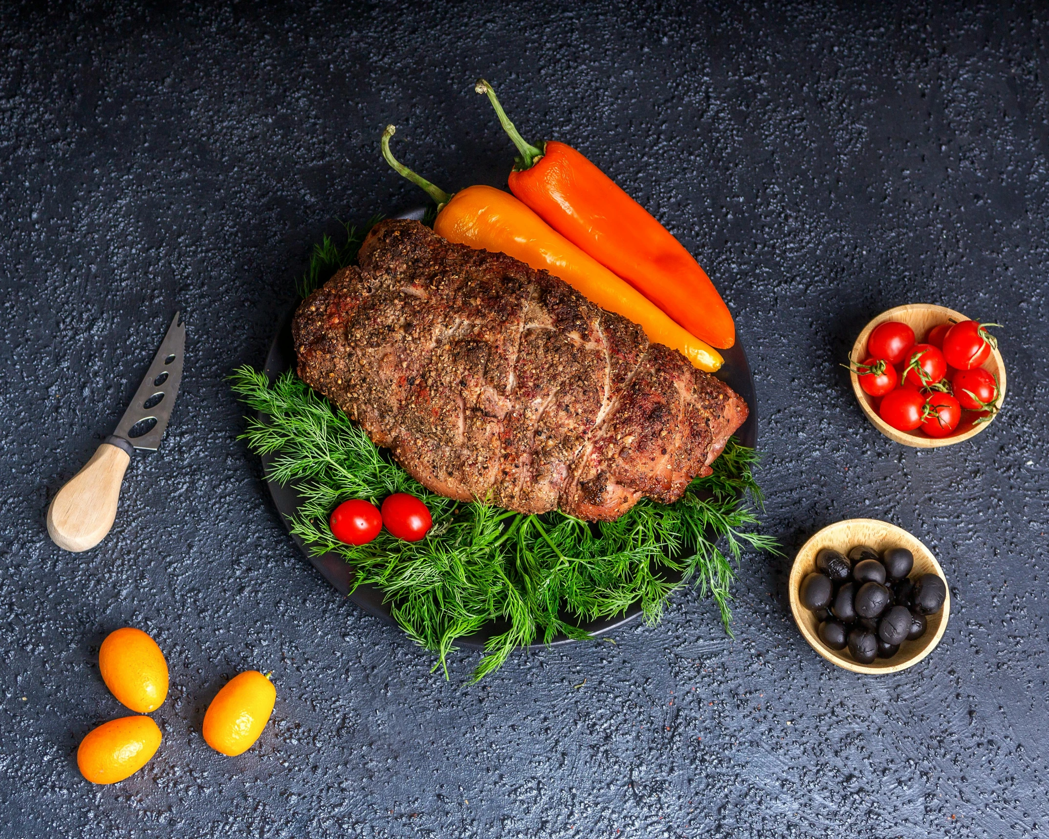 a steak on a plate with carrots, tomatoes and olives, an album cover, by Julia Pishtar, pexels contest winner, фото девушка курит, thick lining, volcanic, super high resolution