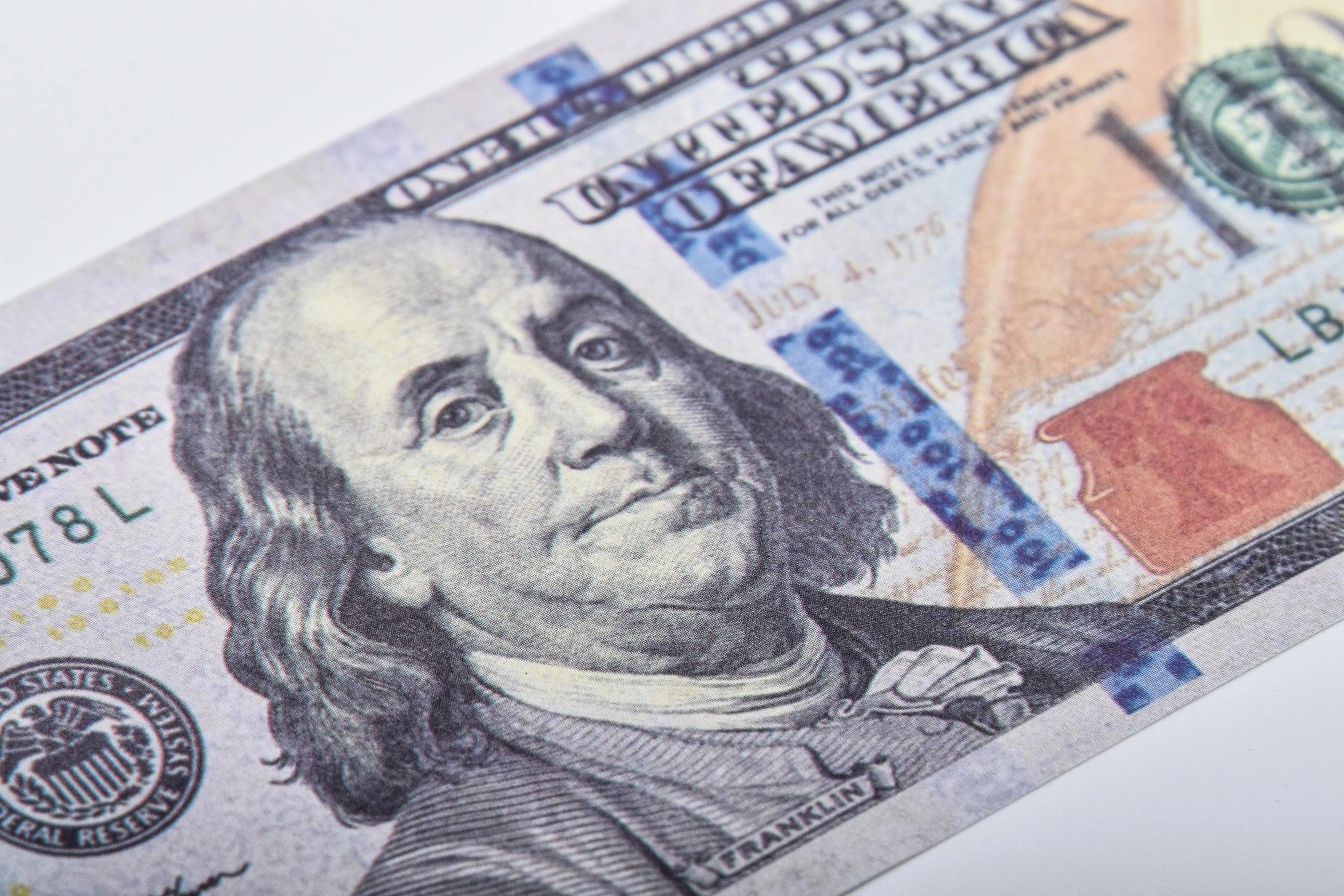 a close up of a one hundred dollar bill, inspired by Benjamin Franklin, pexels, richly detailed colored, high quality product image”, high detail photo, 8k print