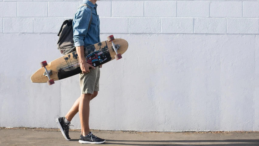 a man walking with a skateboard in his hand, by Carey Morris, pexels contest winner, hyperrealism, schools, blue print, 15081959 21121991 01012000 4k, wearing shorts