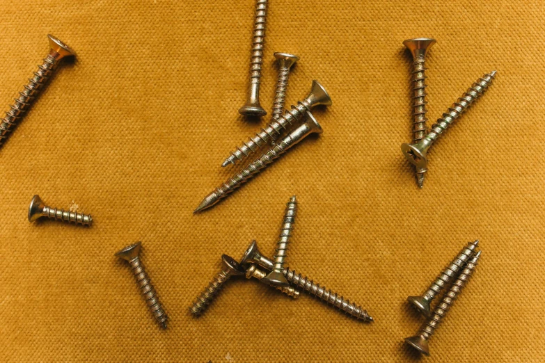 a bunch of screws sitting on top of a table, an album cover, pexels, corduroy, h 1 0 2 4, sienna, steel studs
