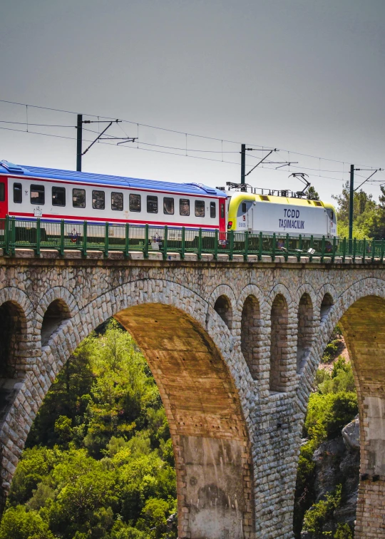 a red and white train traveling over a bridge, costa blanca, slide show, thumbnail, high quality picture