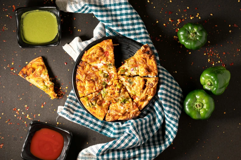 a pizza sitting on top of a pan on top of a table, hurufiyya, monsoon, high quality product image”, various posed, full product shot