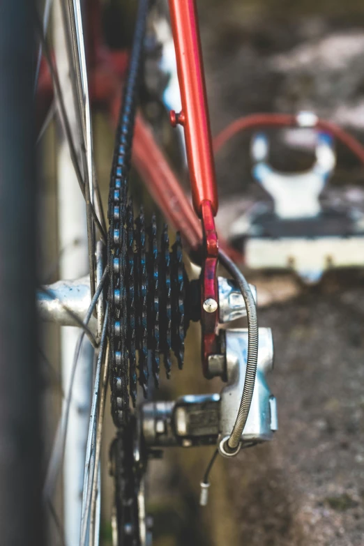 a close up of a bike chain with a bike in the background, a picture, unsplash, renaissance, detailed color scan”, red mechanical body, facing away, wire management