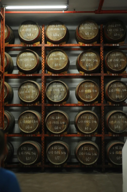 a man standing in front of a wall of barrels, inspired by Ceferí Olivé, panoramic shot, brown, upclose, back room