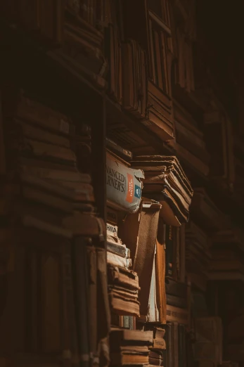 a bunch of books stacked on top of each other, an album cover, unsplash contest winner, renaissance, beige and dark atmosphere, inside an old magical shop, profile picture, taken at golden hour