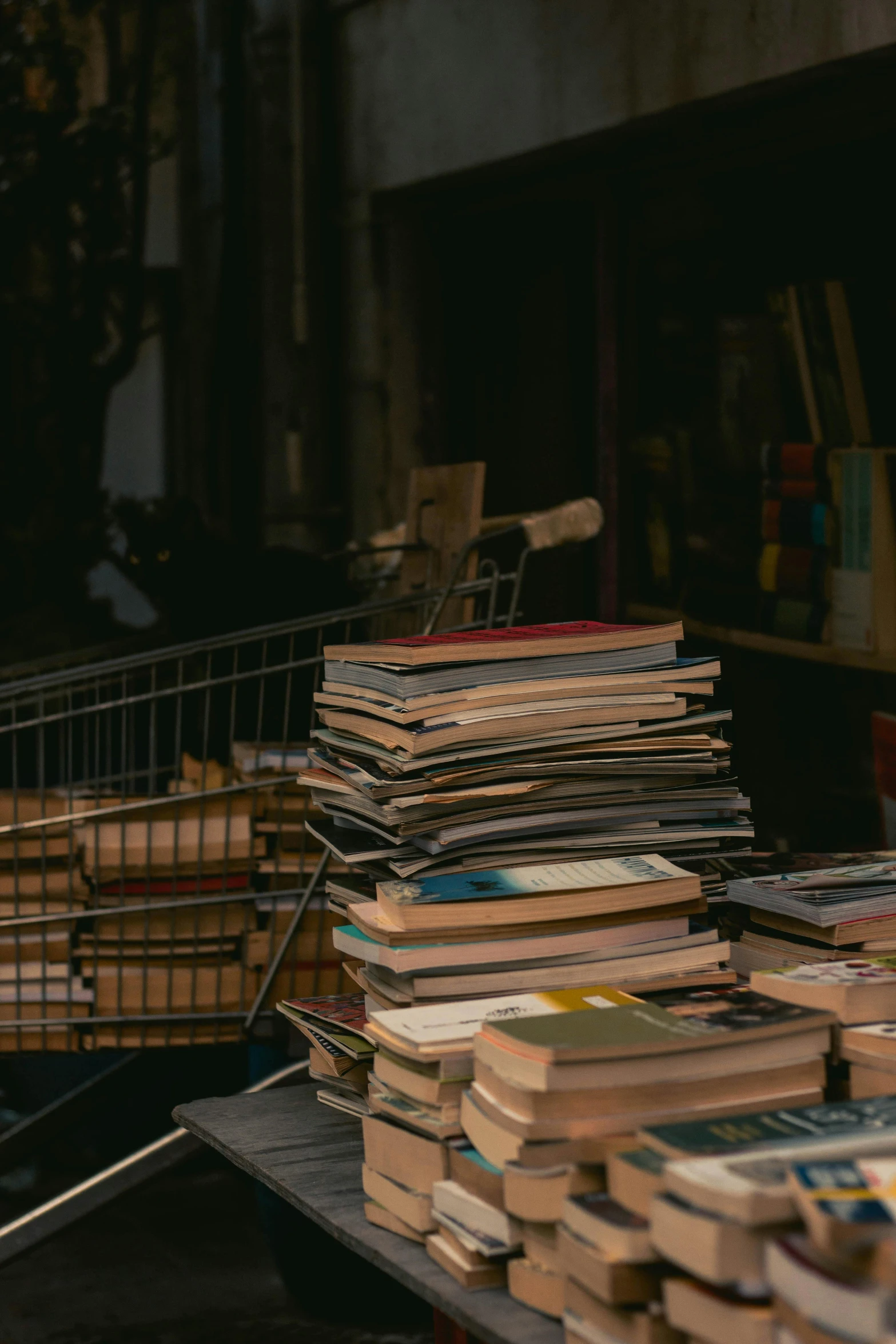 a pile of books sitting on top of a table, trending on unsplash, happening, street corner, vendors, promo image, shelves filled with tomes