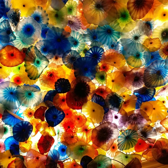 a ceiling filled with lots of colorful glass flowers, inspired by Quirizio di Giovanni da Murano, pexels, abstract expressionism, parasols, night light, instagram photo