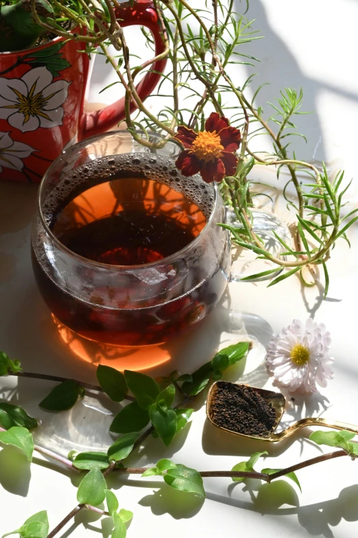 a cup of tea sitting on top of a table, vine and plants and flowers, cold brew coffee ), zoomed in, brown