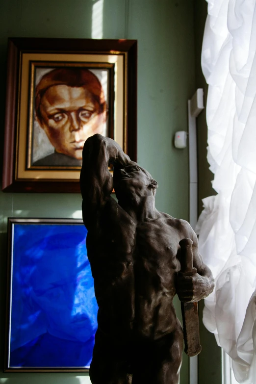 a dog standing on its hind legs in front of a painting, a statue, inspired by Leonid Pasternak, figurative art, detail face, basil gogos, mid-shot of a hunky, near a window