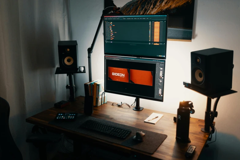 a computer monitor sitting on top of a wooden desk, inspired by Elsa Bleda, trending on pexels, video art, ergodox, sony nicon iphone 1 3 pro max, creating a thin monolith, # screenshotsaturday