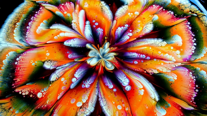 a close up of a flower with water droplets on it, an airbrush painting, by Jan Rustem, pexels, psychedelic art, stunningly detailed artwork, vibrant orange, multicolor, starburst